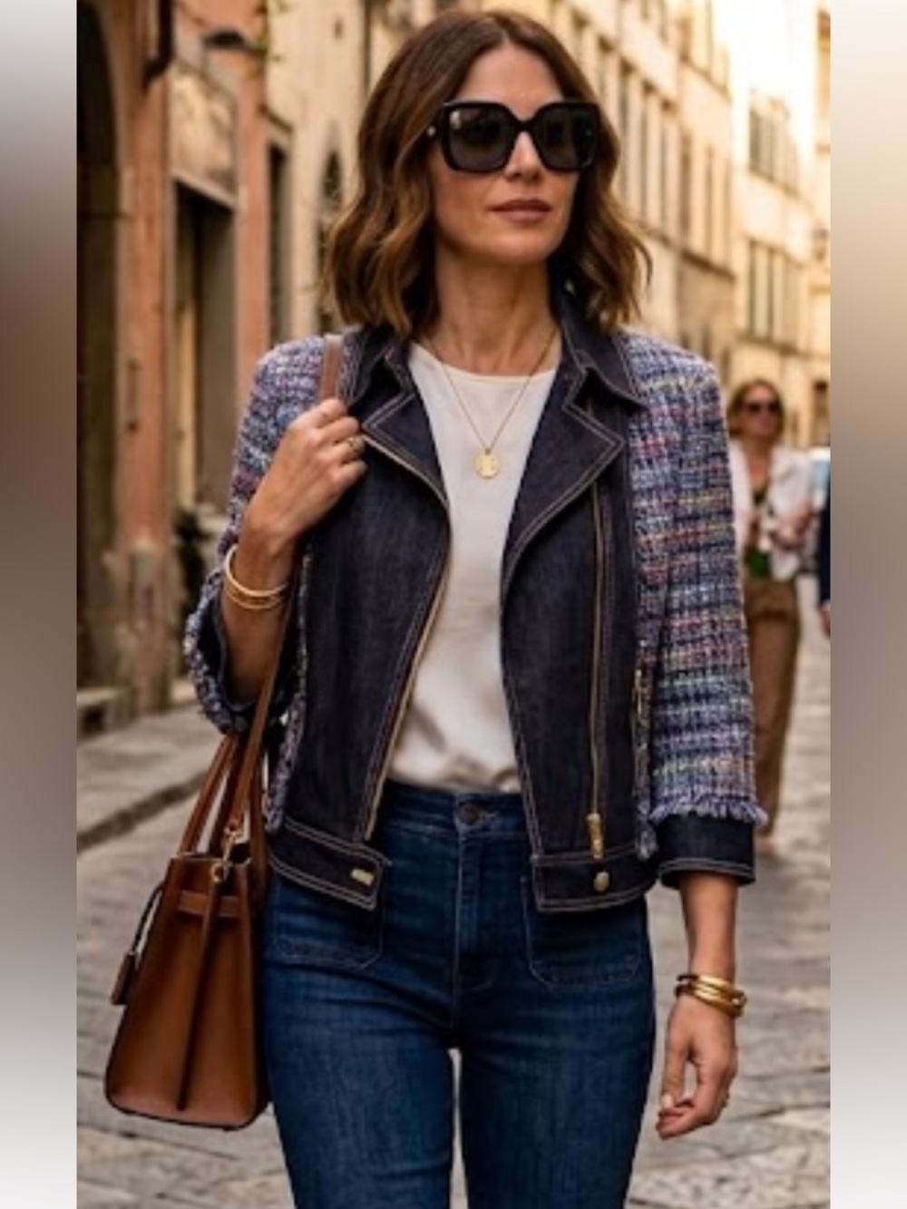 NWOT Women’s tweed & denim 3/4 sleeve cropped jacket with offset goldtone zipper